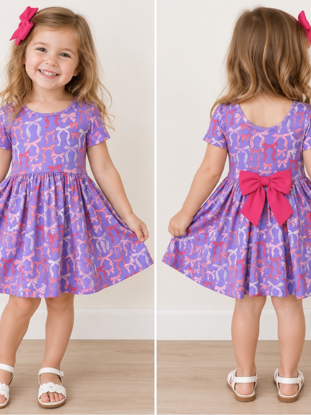 RuffleButts Girls Rosy Ribbons Purple Bow Knit Twirl Dress Pockets Size 4T